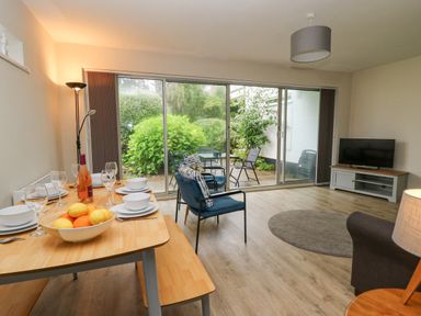 A room with a dining table set with plates glasses and fruit two blue chairs a television on a stand and sliding glass doors opening to a garden at 14 Coedrath Park in Saundersfoot