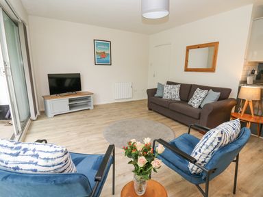 A living room with blue chairs a gray sofa a TV on a stand and flowers on a small table at 14 Coedrath Park in Saundersfoot