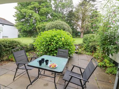 A patio with a glass table and four chairs with cups and a plate of cupcakes surrounded by green plants and trees at 14 Coedrath Park in Saundersfoot