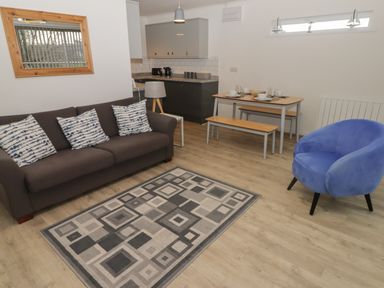 A living area with a brown sofa with patterned cushions a blue armchair a geometric patterned rug a wooden dining table set with benches and an open kitchen in the background at 19 Coedrath Park in Saundersfoot