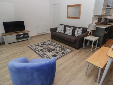 A living room with a gray sofa and patterned cushions a blue armchair a patterned rug a wooden tv stand with a television a side table with a lamp and a wooden dining table at 19 Coedrath Park in Saundersfoot