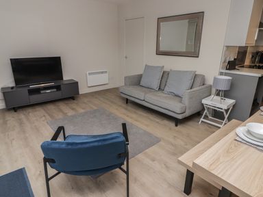 A living room with a grey sofa, blue armchair, TV on a stand, small white side table with a lamp, and a dining table with dishes at 23 Coedrath Park in Saundersfoot