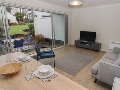 A living room with a gray sofa a blue chair a TV on a stand a rug and a wooden dining table set with bowls and glasses at 23 Coedrath Park Saundersfoot