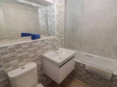 A bathroom with a toilet sink bathtub and a mirror with a blue towel on the shelf at 23 Coedrath Park in Saundersfoot