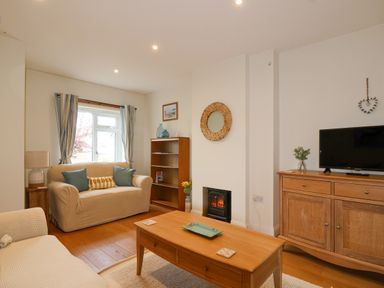 A living room with two sofas a wooden coffee table a bookshelf a TV on a cabinet and a small fireplace at Sea Breeze in Swanage