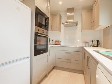 A kitchen with a refrigerator oven microwave toaster kettle and cabinets at Rainbow Lodge in St Tudy