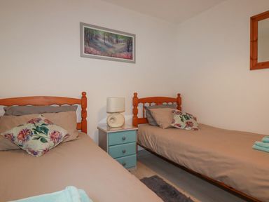 A bedroom with two single beds a nightstand with a lamp and a wall painting at Rainbow Lodge in St Tudy