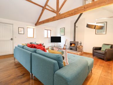 A living room with a blue sectional sofa red and multicolored cushions a wood stove with a fire a black leather chair a guitar and a floor lamp at Packway Barn in Halesworth