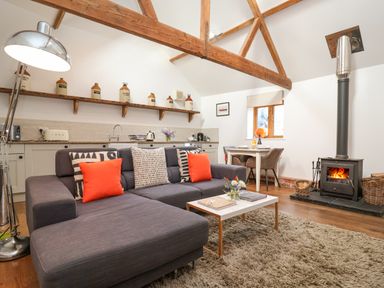 An open plan living room with a grey sectional sofa and orange cushions a white coffee table a wood burning stove a dining table and kitchen area with wooden beams on the ceiling at The Nook in Chediston near Halesworth