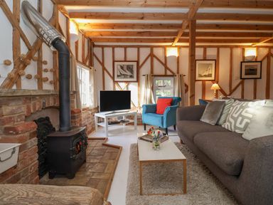 A living room with a wood stove blue armchair and a gray sofa at Twosome in Chediston near Halesworth