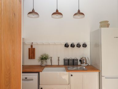 A kitchen with a wooden countertop a white sink black mugs hanging a kettle and a refrigerator at The Apple Shed in Upexe near Silverton