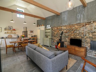 An open plan living area with a kitchen dining table sofa fireplace and TV at Bohan Bo in Tinteskin near Kilmuckridge County Wexford