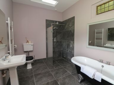 A bathroom with a bathtub a shower a toilet and a sink at Bohan Bo Tinteskin near Kilmuckridge County Wexford