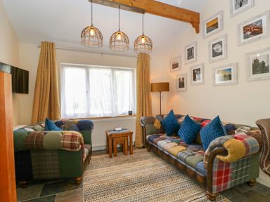 A living room with two patchwork sofas with blue cushions a floor lamp and framed pictures on the wall at Harvest Moon Cottage in Much Cowarne