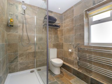A bathroom with a shower stall a toilet wall shelves with towels and a towel warmer at Harvest Moon Cottage in Much Cowarne