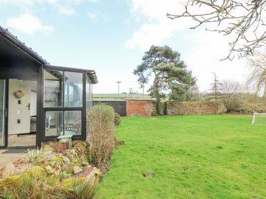 A backyard with green grass a stone wall a tree a glass porch and garden plants at The Lodge at Wildersley Farm in Belper