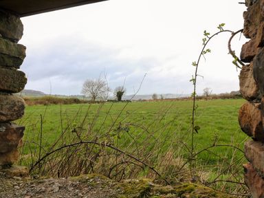 A view of a grassy field with leafless bushes and distant trees seen through a stone wall opening at The Lodge at Wildersley Farm in Belper