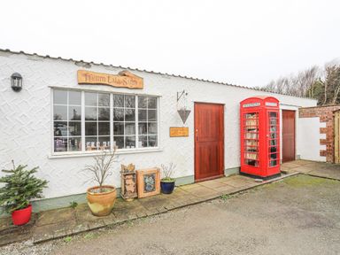 A white building with two wooden doors a window several potted plants and a red telephone box used as a book exchange at Tal Sarn Shepherd Hut in Dwyran near Niwbwrch Newborough