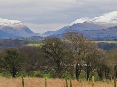 A rural landscape with leafless trees and snow-covered mountains in the background at Tal Sarn Shepherd Hut in Dwyran near Niwbwrch Newborough