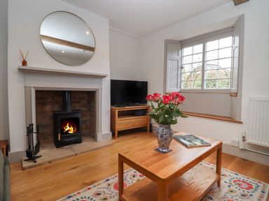 A living room with a fireplace burning fire a round mirror above a mantel a wooden coffee table with a vase of flowers a window with shutters and a television on a wooden stand at Blossom Cottage in Chipping Campden