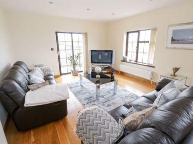 A living room with two black leather sofas a glass coffee table a rug a TV and windows at Doonalton House in Dromore West County Sligo