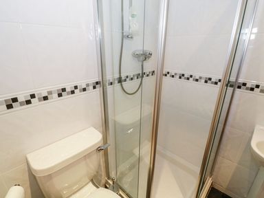 A bathroom with a toilet, shower enclosure with glass doors, and wall tiles with a black and gray square border at Doonalton House in Dromore West County Sligo