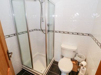 A bathroom with a shower enclosure and a toilet at Doonalton House in Dromore West County Sligo