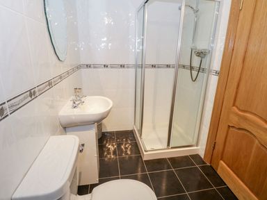 A bathroom with a toilet sink and shower enclosure with glass doors at Doonalton House in Dromore West County Sligo