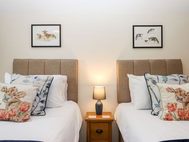 A bedroom with two single beds with animal and floral pillows and a lamp on a wooden nightstand between the beds at Nempnett Farmhouse in Nempnett Thrubwell near Blagdon
