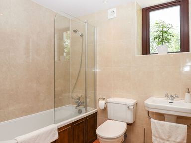 A bathroom with a bathtub shower combination toilet sink and window with a potted plant at Nempnett Farmhouse in Nempnett Thrubwell near Blagdon