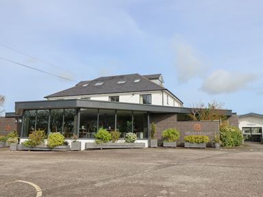 A building with large glass windows surrounded by plants in planters at White House in St Asaph
