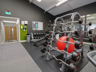 A gym room with weights racks dumbbells a bench and a red exercise ball at Lodge 3 in St Asaph