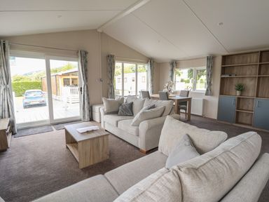 A living room with sofas a coffee table dining table and shelves at Lodge 3 in St Asaph