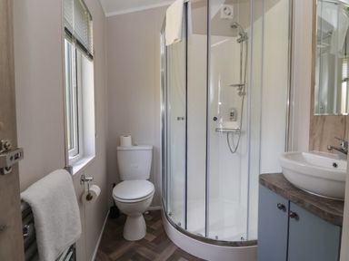 A bathroom with a shower enclosure toilet sink and window at Lodge 3 in St Asaph