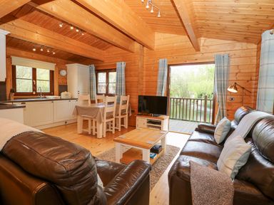 A living area with leather sofas a wooden coffee table dining table and kitchen inside a wooden cabin at Kingfisher Lodge in Badwell Ash