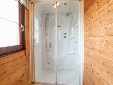 A shower cabin with glass doors in a wooden panelled bathroom at Kingfisher Lodge in Badwell Ash