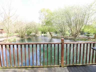 A wooden railing overlooking a pond with trees and shrubs at Kingfisher Lodge in Badwell Ash