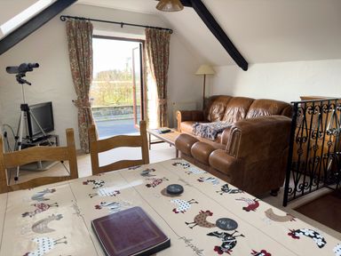 A sitting area with a brown leather sofa table with a chicken patterned tablecloth a telescope TV and an open door leading outside at Crogal Stable in New Quay