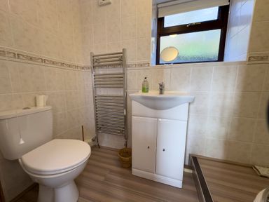 A bathroom with a toilet a sink with cabinet a towel radiator a window and tiled walls at Crogal Stable in New Quay