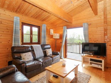 A wooden living room with brown leather sofa armchair coffee table TV and blue curtains at Wagtail Lodge in Badwell Ash