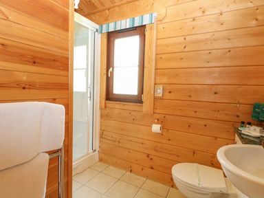 A bathroom with wooden walls a window a shower a toilet a sink and a towel rack at Wagtail Lodge in Badwell Ash