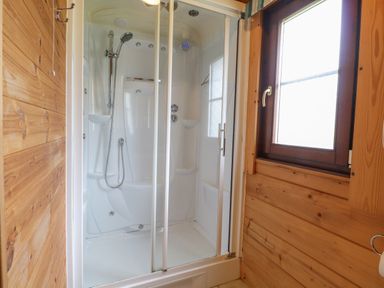 A shower enclosure with glass doors a handheld showerhead and wooden paneled walls next to a window at Wagtail Lodge in Badwell Ash