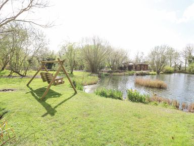 A wooden swing facing a pond with reeds and trees surrounding the area at Wagtail Lodge in Badwell Ash