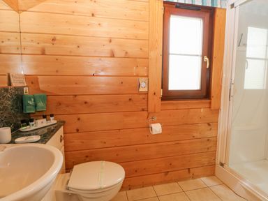 A bathroom with a sink toilet and shower with wooden walls and a window at Woodpecker Lodge in Badwell Ash