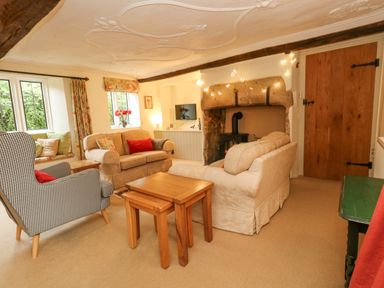 A living room with two beige sofas a patterned armchair wooden tables a stone fireplace and windows with curtains at The Elbow in Frampton