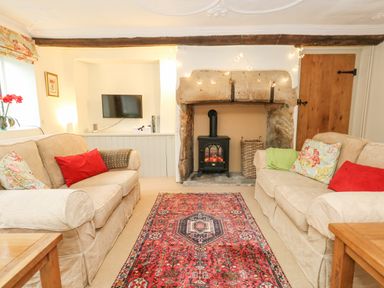 A living room with two beige sofas a red patterned rug and a small black stove in a stone fireplace at The Elbow in Frampton