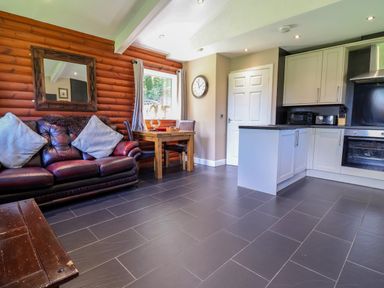 A living room with a sofa and table at The Red in Llanerch Park near St Asaph