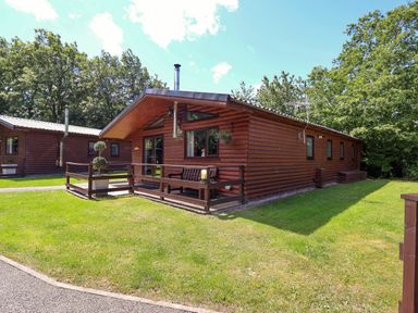 A log cabin with outdoor seating and trees in the vicinity at The Roe in Llanerch Park near St Asaph