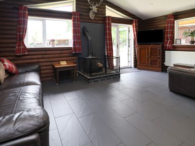 A living room with a sofa and television at The Roe in Llanerch Park near St Asaph