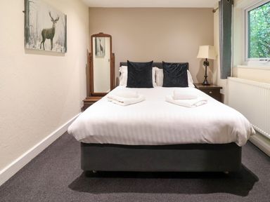 A bedroom with a bed and lamp at The Roe in Llanerch Park near St Asaph
